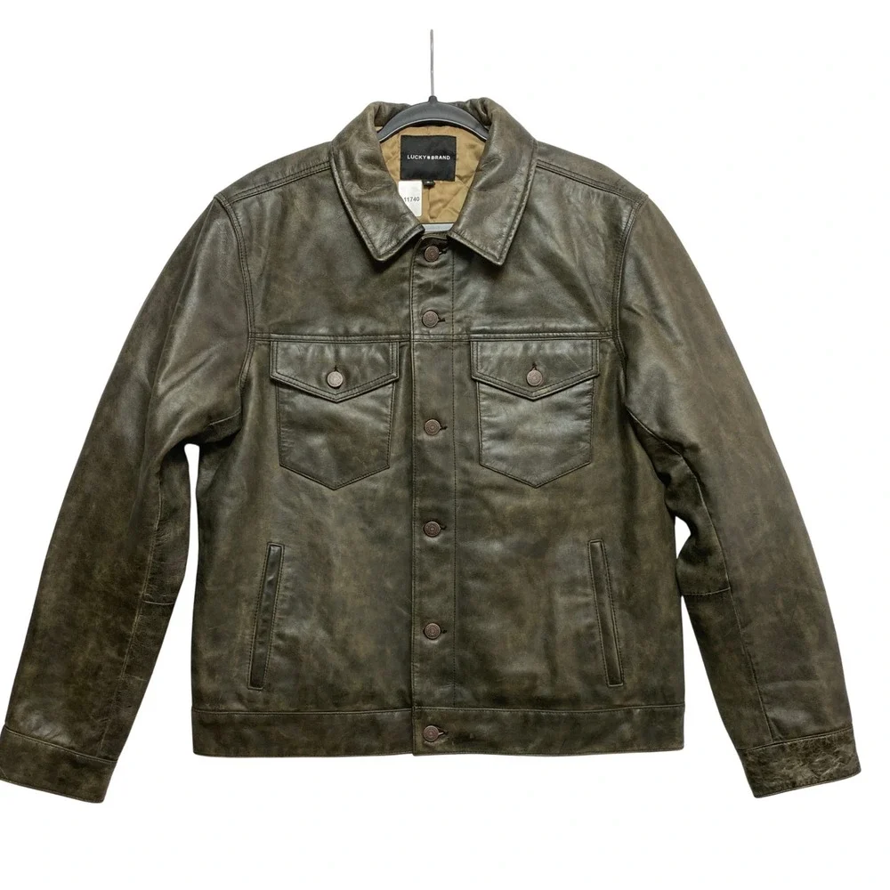 Lucky Brand Leather Trucker Jacket Mens M Olive Green Distressed Quilted Lining
